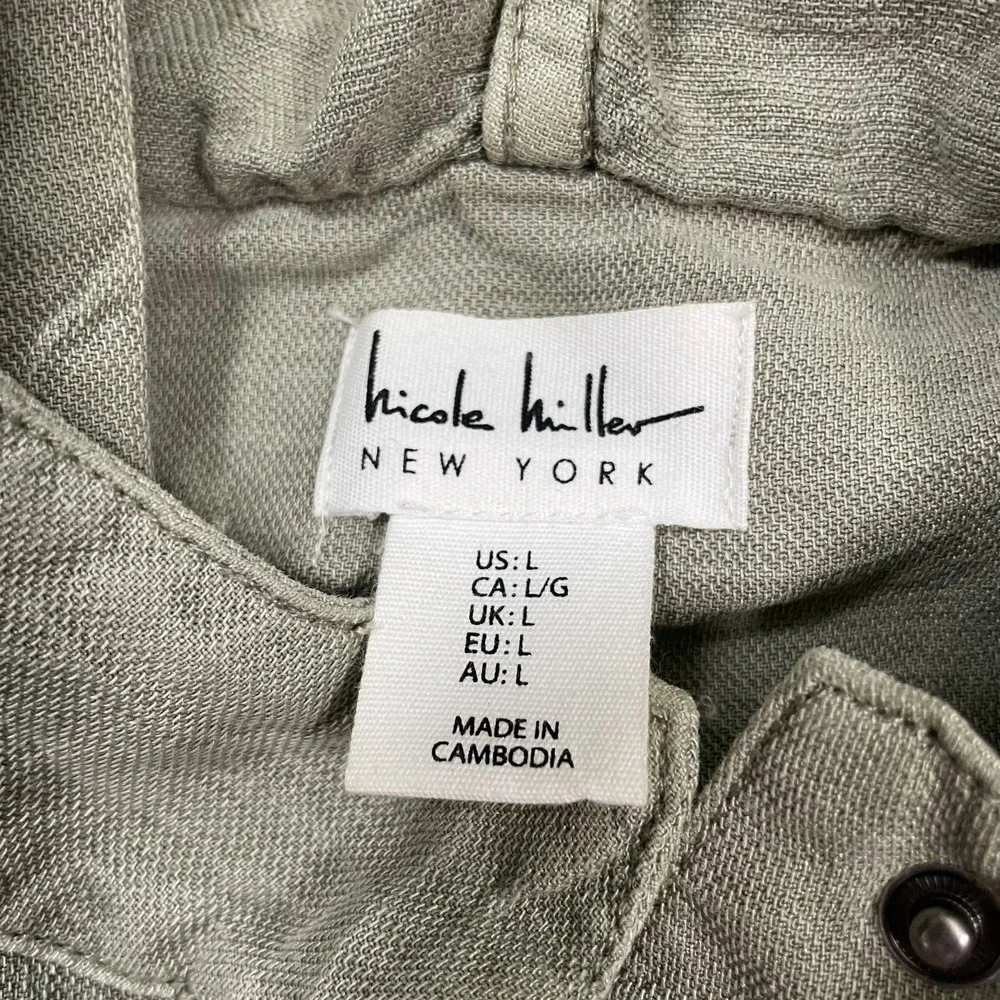 Nicole Miller Lightweight Linen Jacket Women's Large Olive Camp Shirt Snap Front